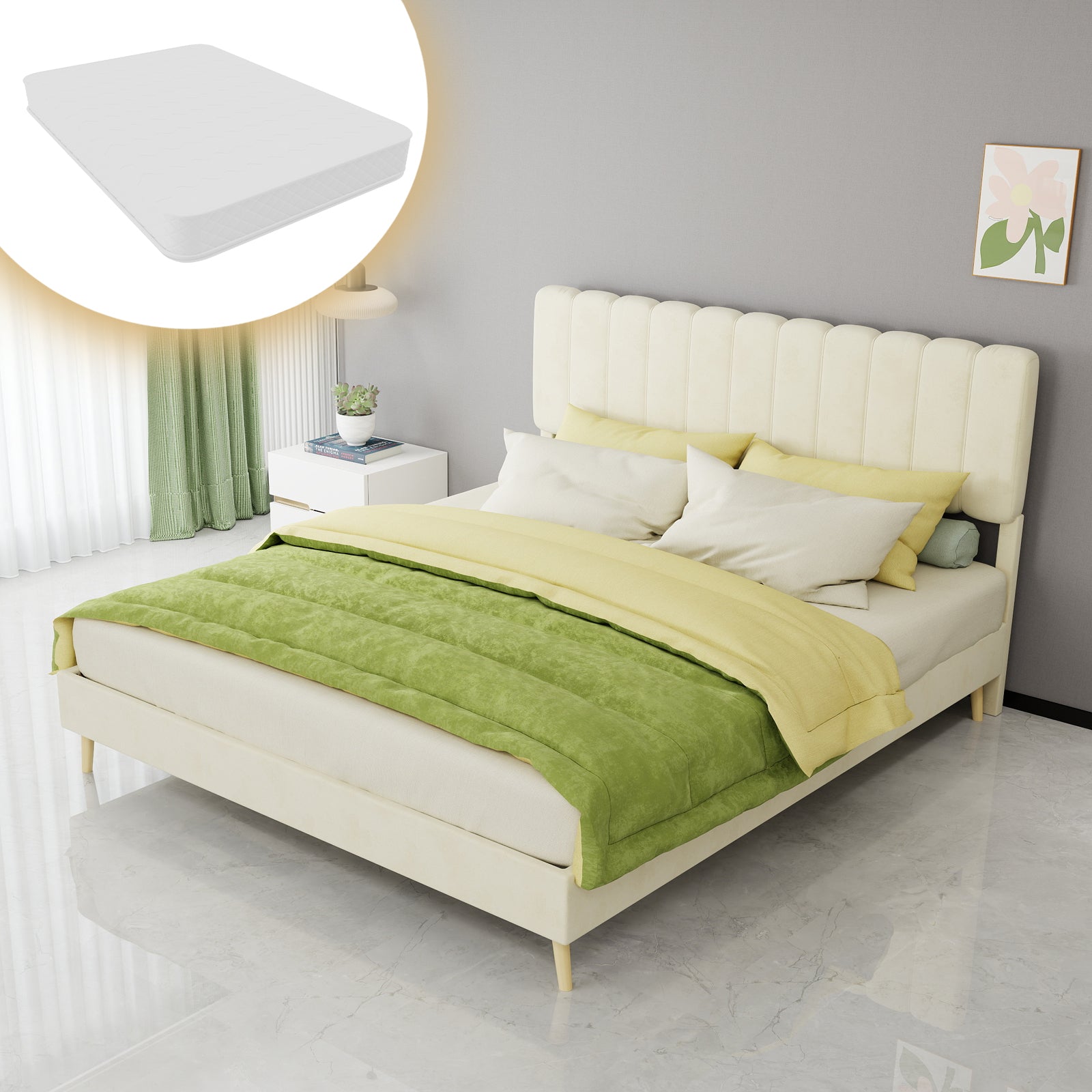 Upholstered Bed 160x200cm with Soft Headboard & Mattress, Beige