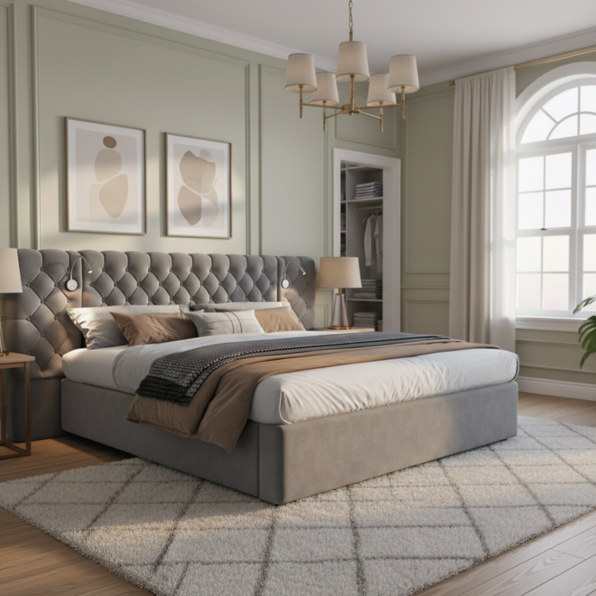 Upholstered Hydraulic Storage Bed 180x200 LED, Grey Velvet