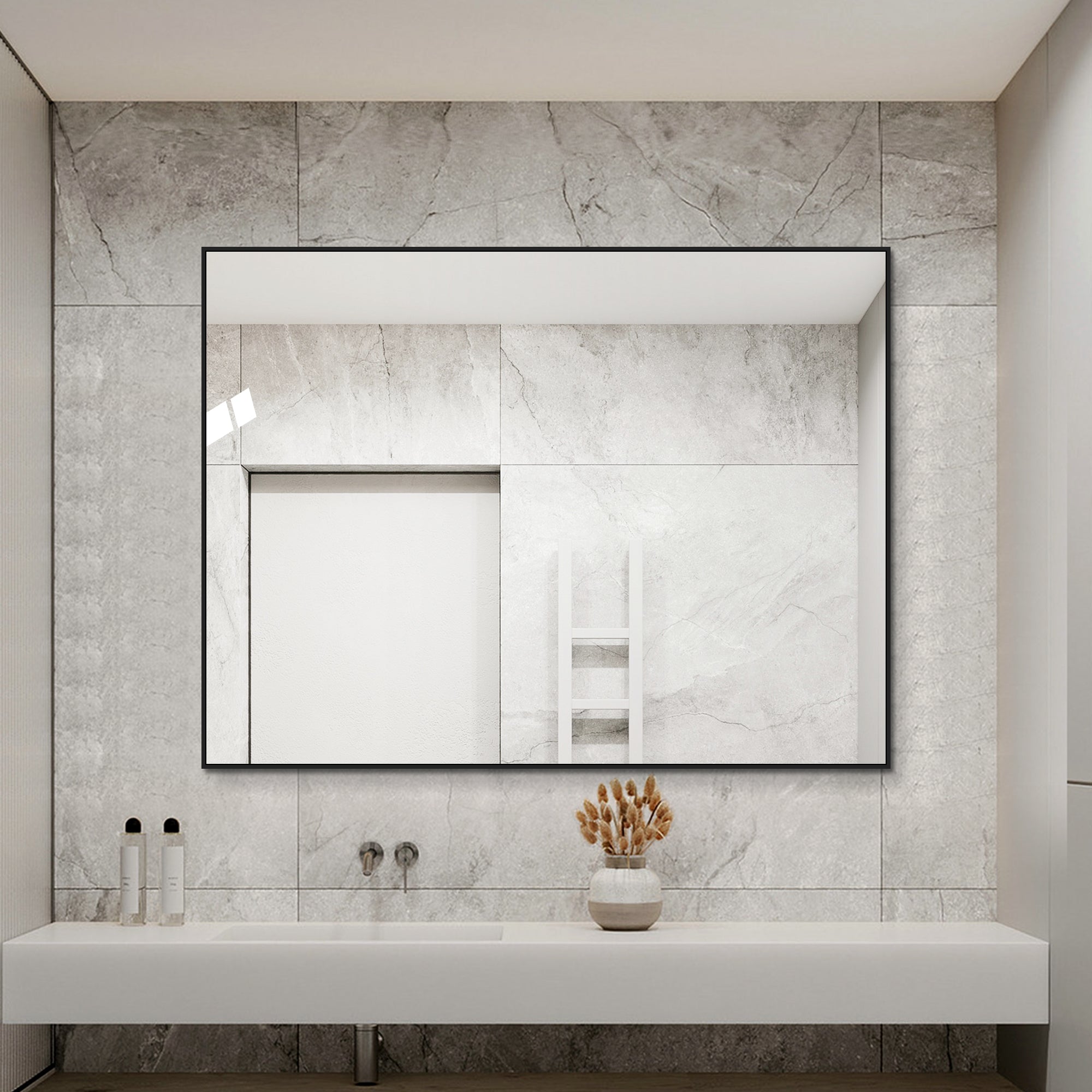 Bathroom Mirror 60x80 cm, HD Wall Mount, Black Aluminum Frame