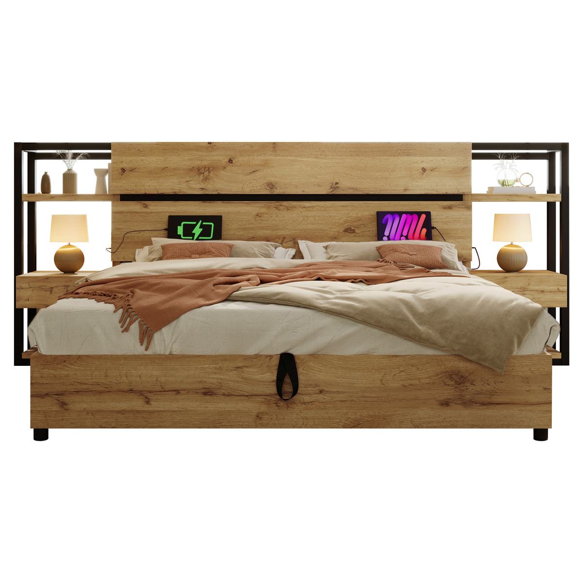 Upholstered Double Bed 160x200cm Hydraulic Storage LED, Beige Linen