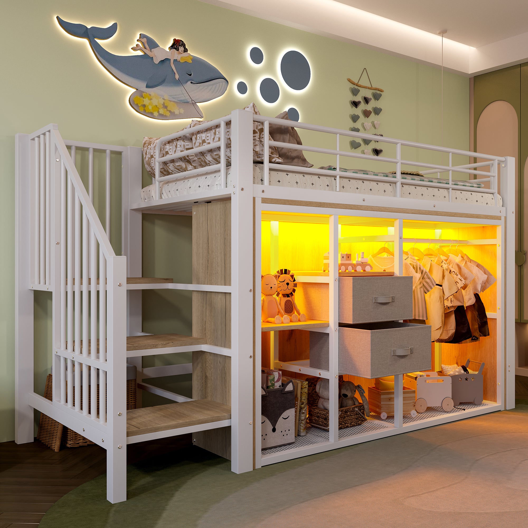 Mid-Height Bed 90x200cm with LED Lighting & Storage, White