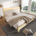 Wooden Double Bed 160x200cm with Storage & LED, Light Oak