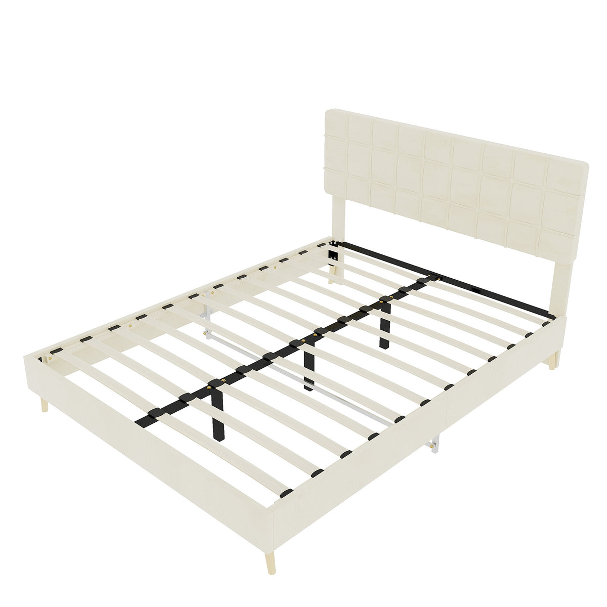 Modern Double Bed 140x200cm with Plaid Headboard, Dark Gray Fabric