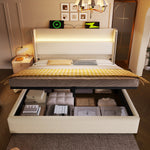 Modern Hydraulic Double Bed 180x200cm LED Storage - Beige Linen