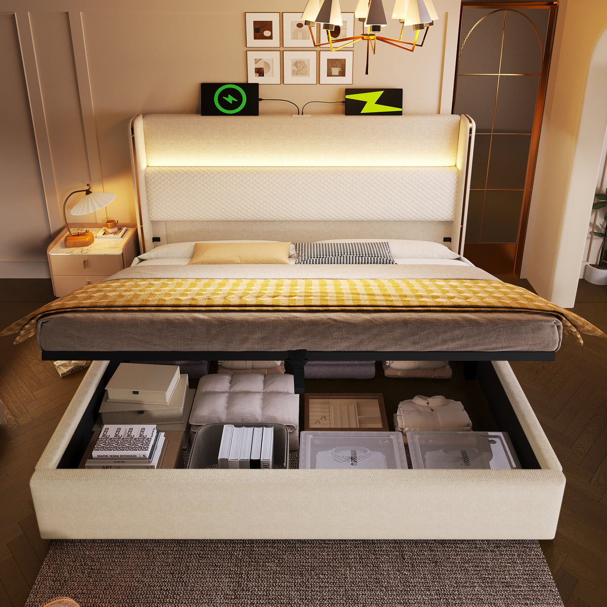 Modern Hydraulic Double Bed 180x200 LED USB Storage, Beige Linen