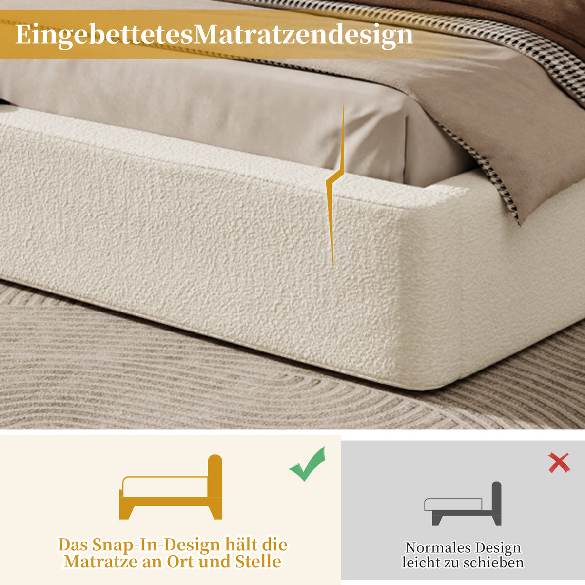 Upholstered Double Bed 160x200cm with Storage, Beige Bouclé