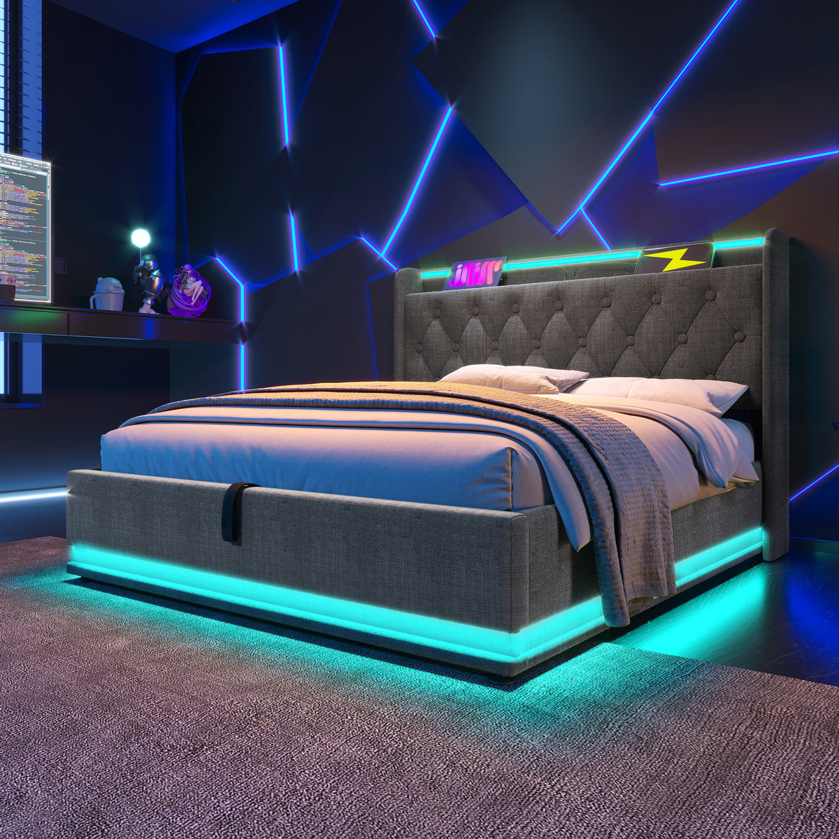 Upholstered Double Bed with LED, Storage & USB, 140x190cm, Grey Linen
