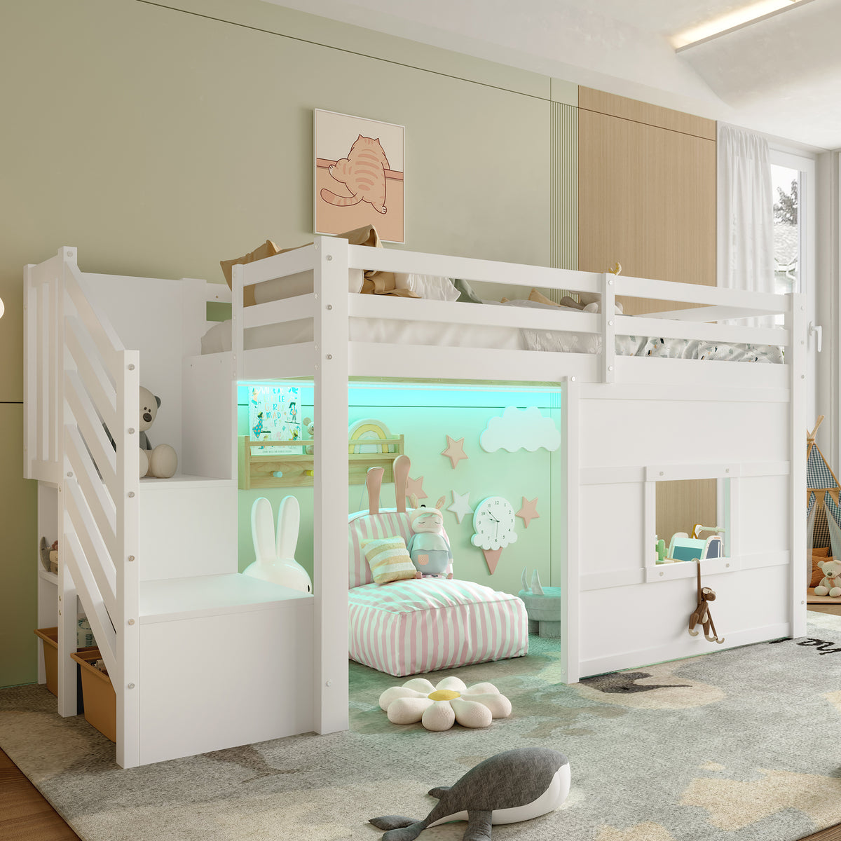Loft Bed 90x200cm with Storage Stairs & Window, White
