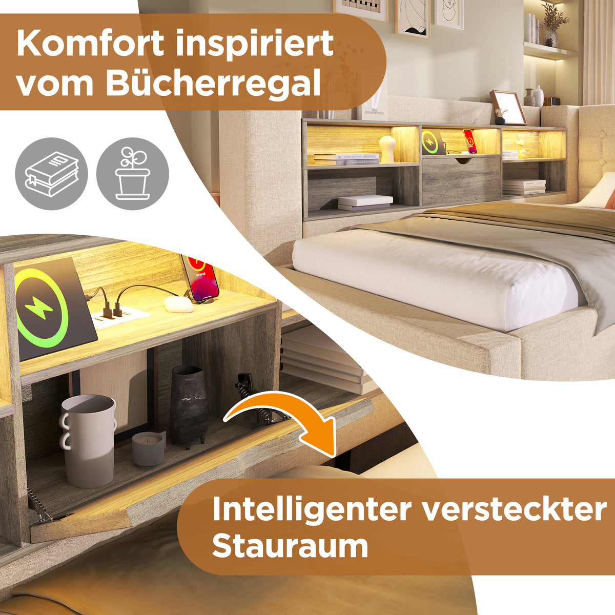 Upholstered Bed 140x200 with LED & Storage, Beige Linen