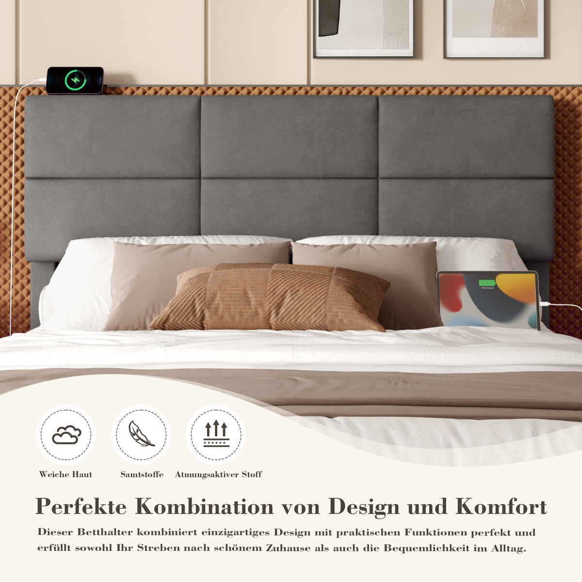 Upholstered Bed 180x200cm with Storage & LED, Grey Velour
