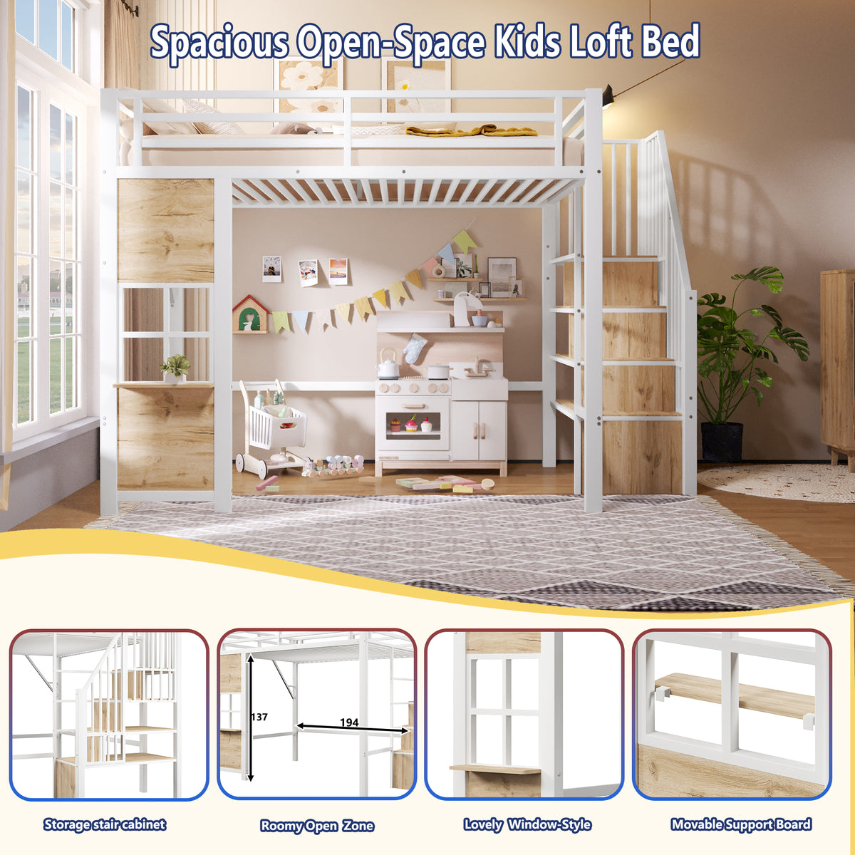 Loft Bed 90x200cm with Storage Ladder - White Iron Frame