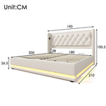 Upholstered Double Bed 180x200 with Storage & LED, White PU