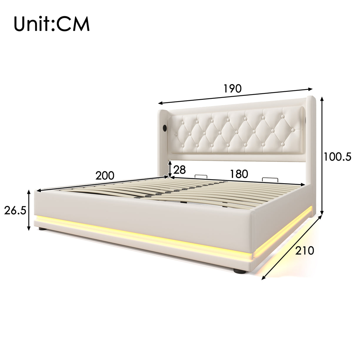 Upholstered Double Bed 180x200 with Storage & LED, White PU