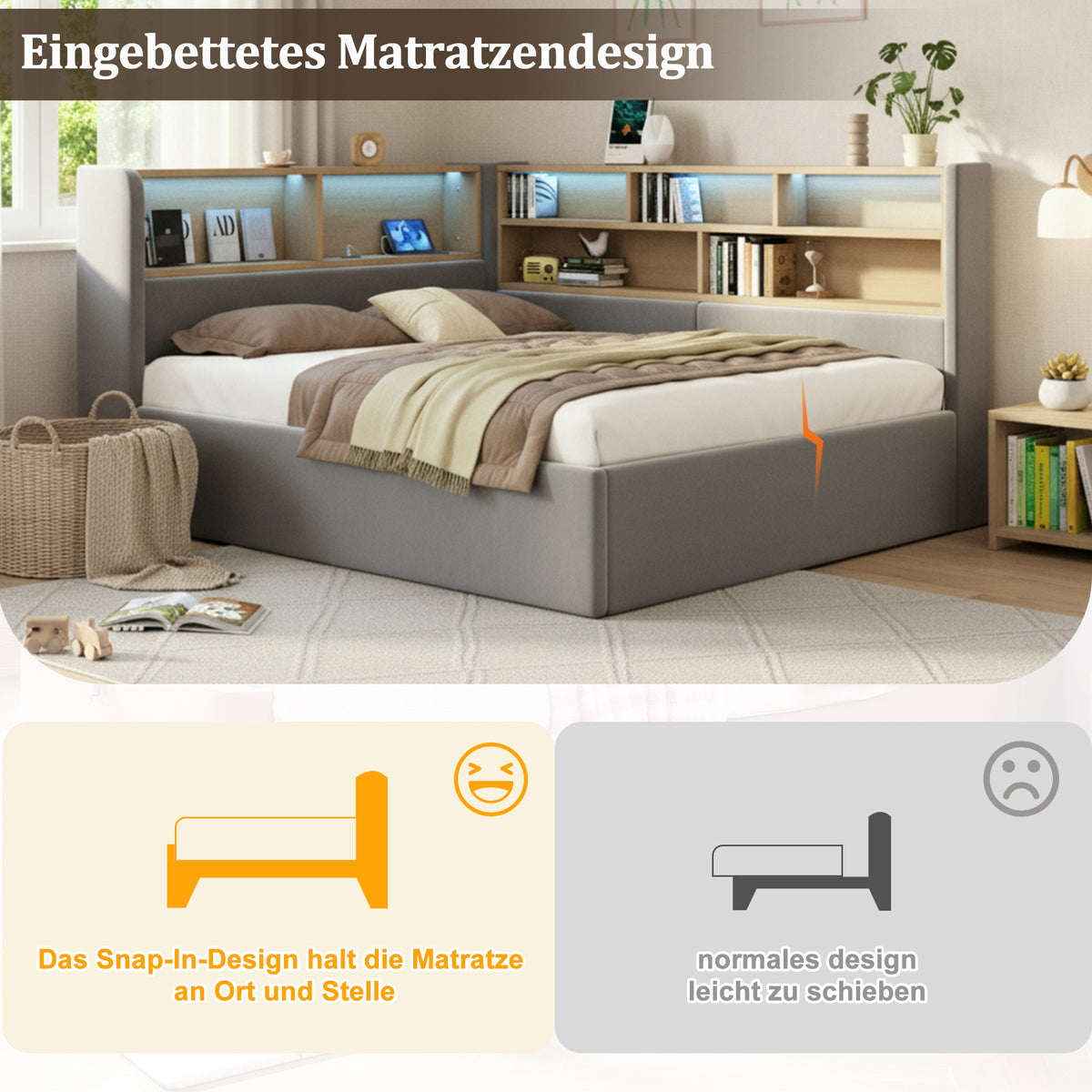 Daybed 140x190cm with Hydraulic Storage, LED & USB, Grey Velvet