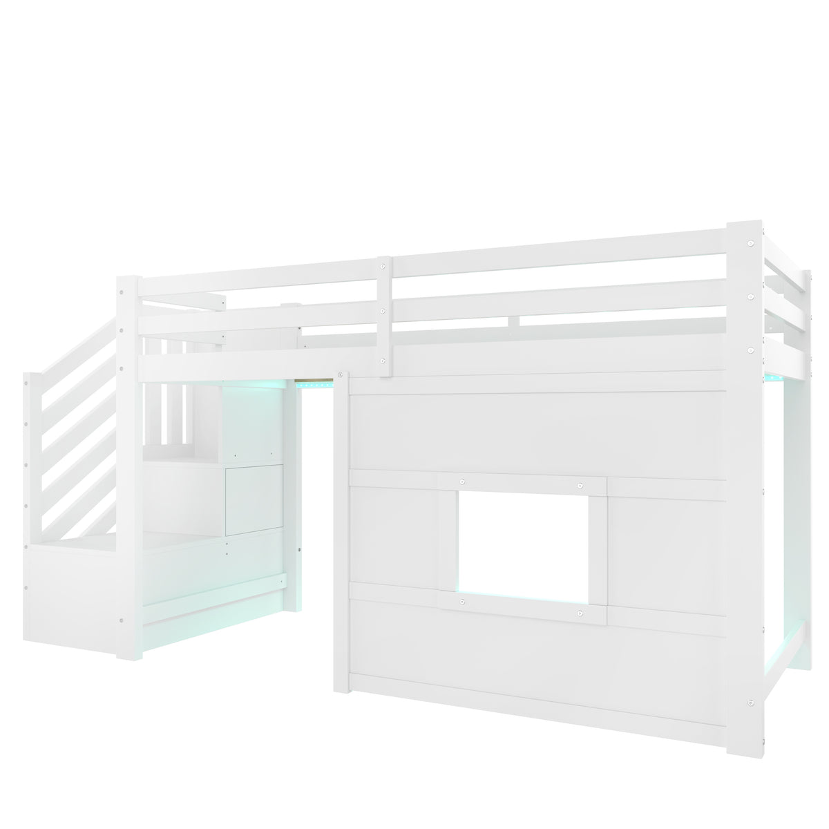 Loft Bed 90x200cm with Storage Stairs & Window, White