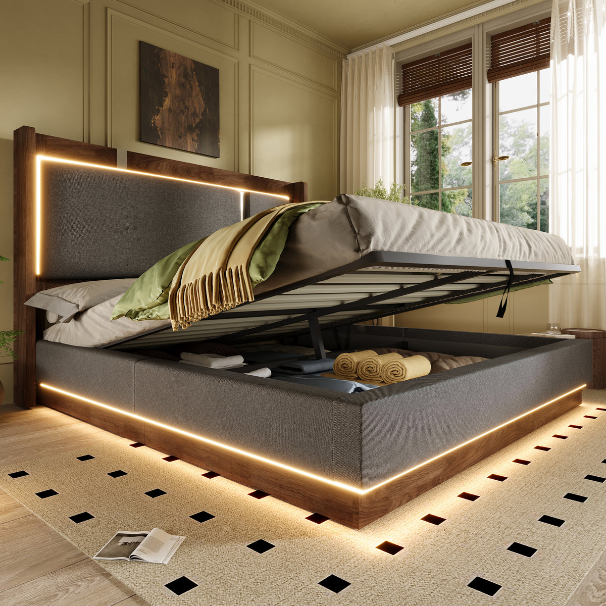 Upholstered Double Bed 140x200 LED & Storage, Linen Grey