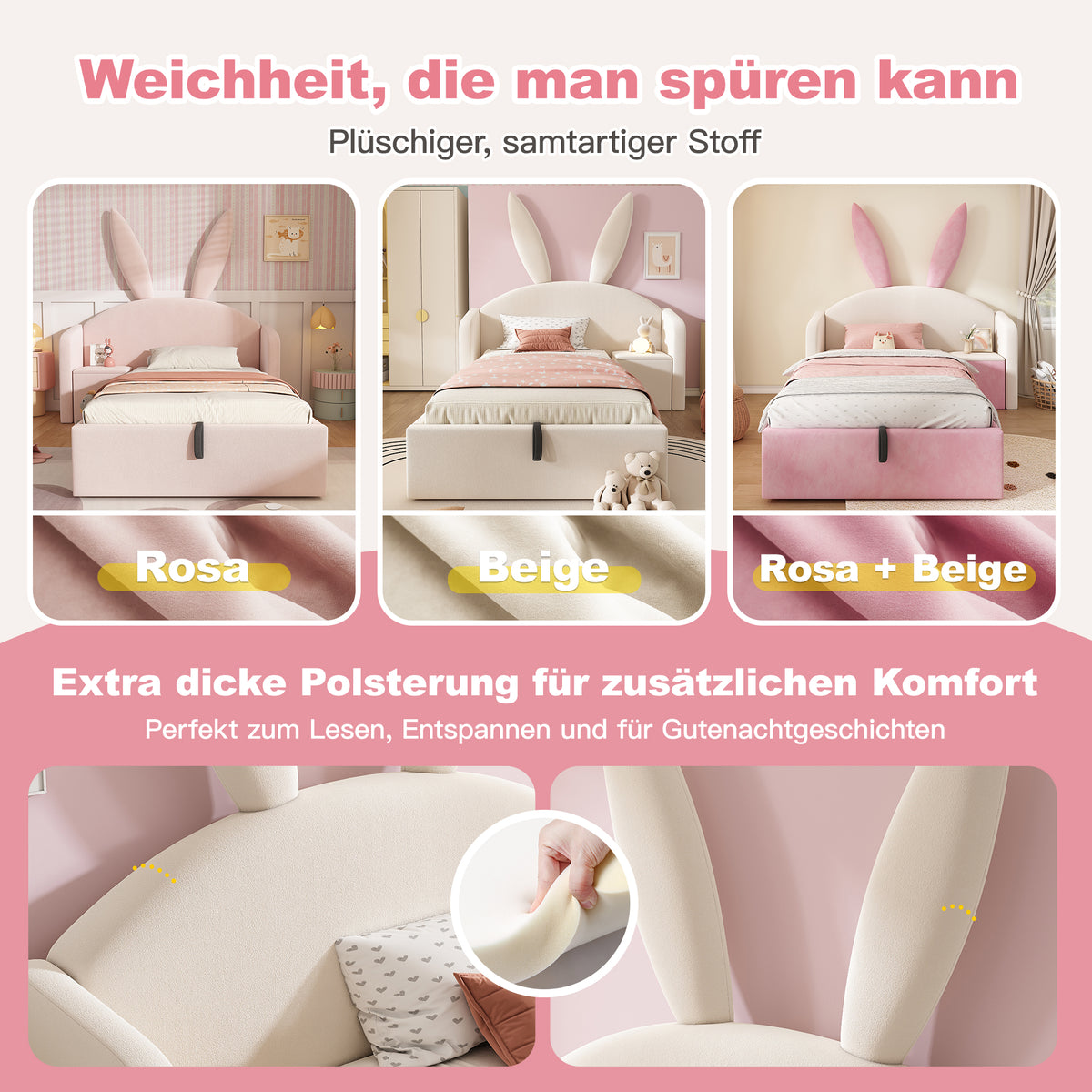 Youth Bed 90x200cm with Storage & Bedside Table, Beige Velvet
