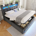 Upholstered Bed 160x200cm with LED & Storage, Grey Linen