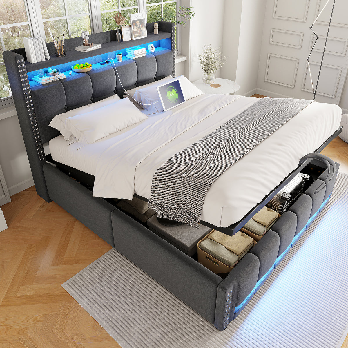 Upholstered Bed 160x200cm with LED & Storage, Grey Linen
