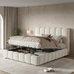 Upholstered Double Bed 140x200cm Hydraulic Storage White Bouclé
