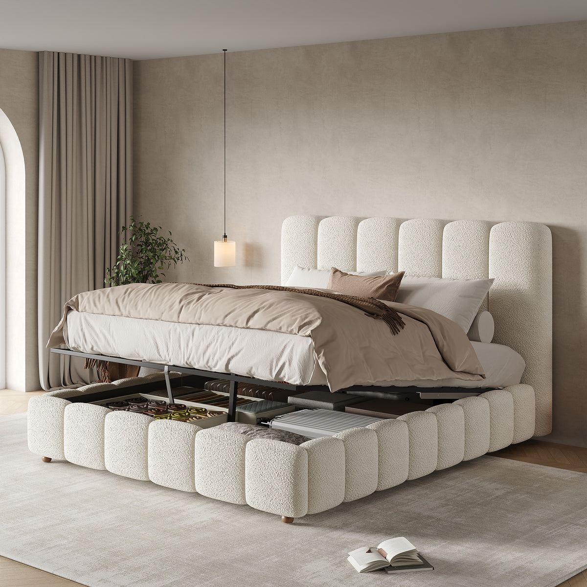 Upholstered Double Bed 140x200cm Hydraulic Storage White Bouclé