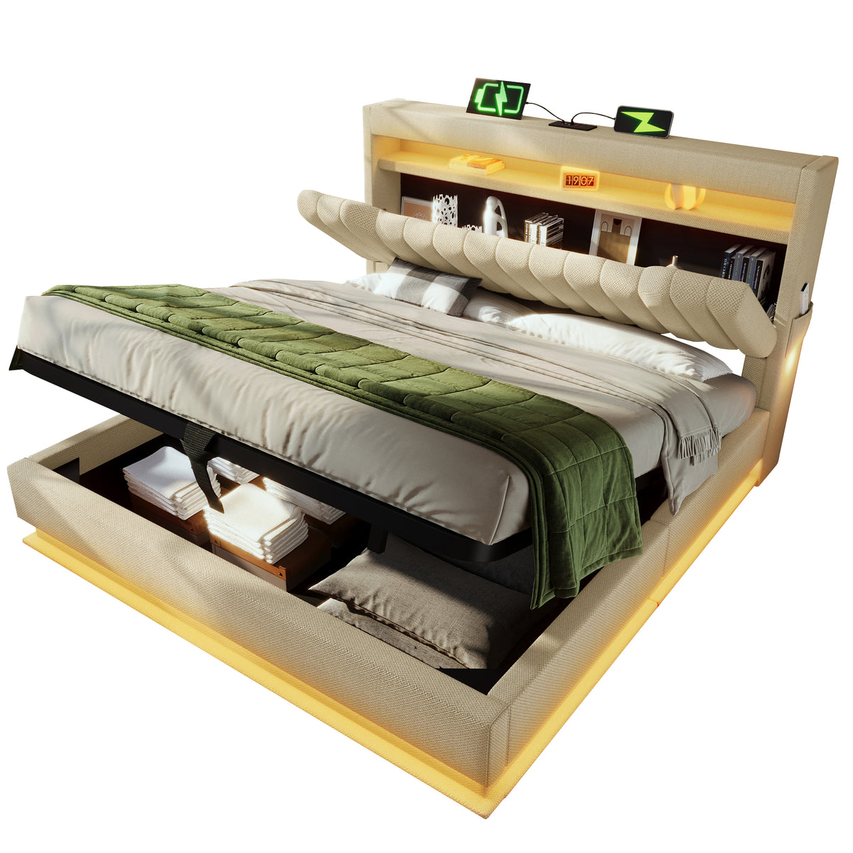 Upholstered Double Bed 180x200cm Hydraulic Base, Beige Bouclé