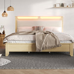 Wooden Double Bed 140x200cm with Storage & LED, Light Oak