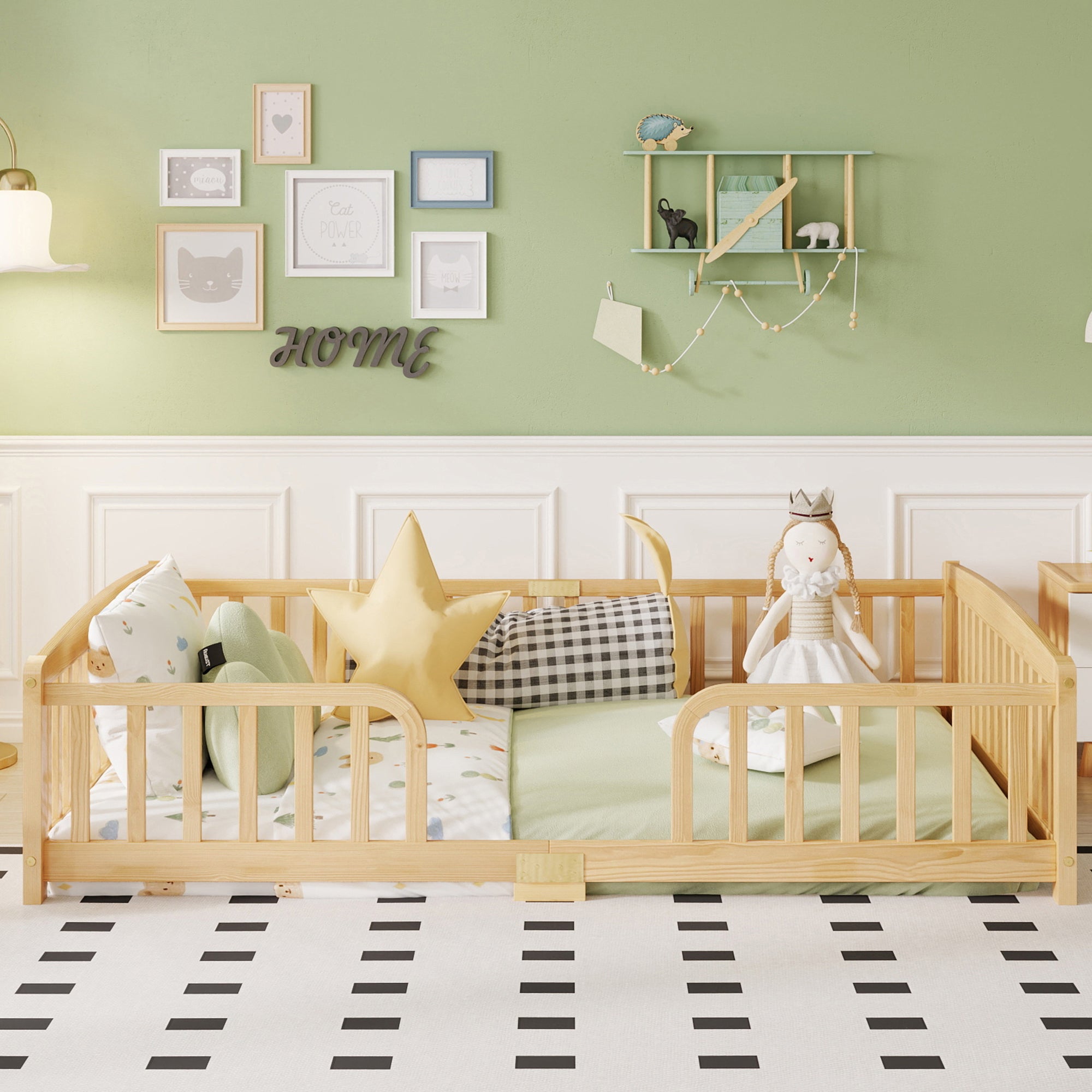 Floor Bed 140x200cm with Safety Railings, Natural Pine Wood