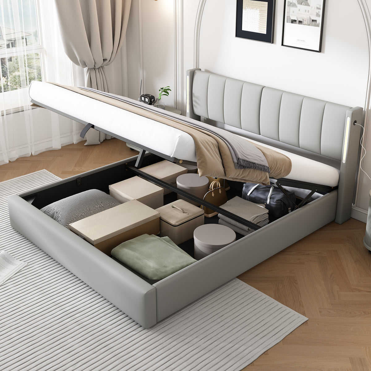 Hydraulic Upholstered LED Bed 180x200 cm with USB Storage, Grey PU
