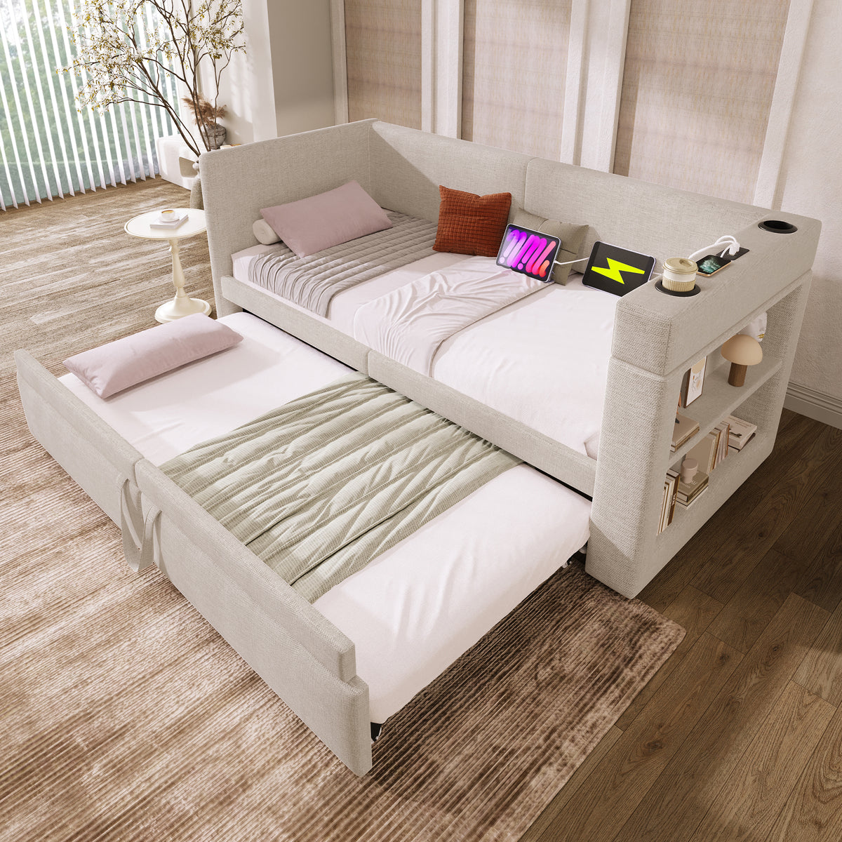 Upholstered Daybed 90x200cm with Trundle & USB, Beige Linen Blend