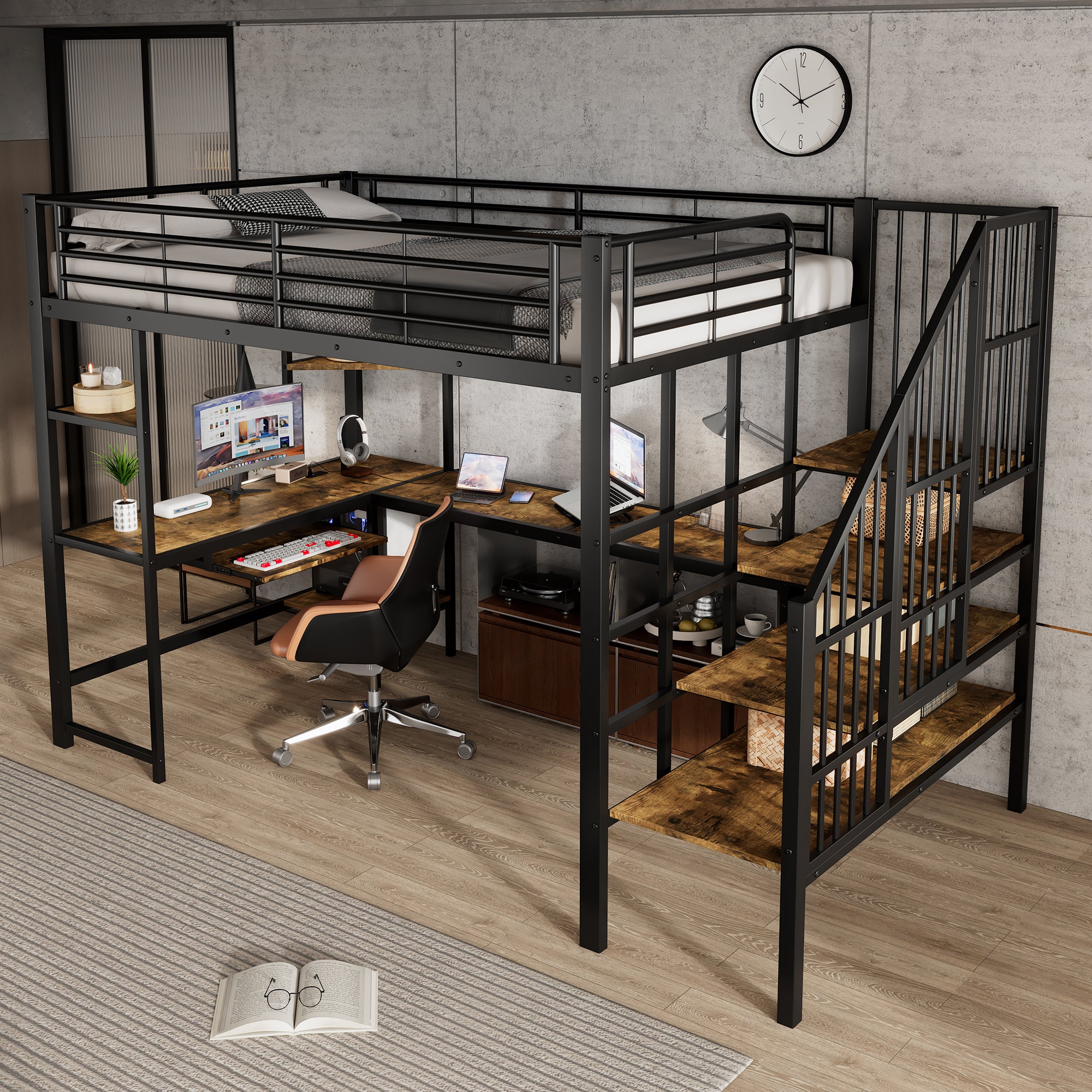 Iron Loft Bed with Desk & Storage, 120x200cm, Black Iron + MDF