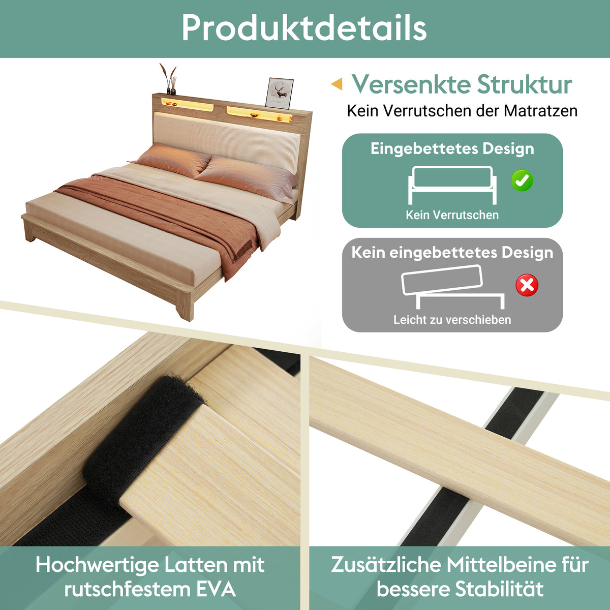 Daybed Loft Bed 140x200 with Desk, Drawers & LED, Black Metal Frame