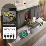 Upholstered Bed 140x200 with Storage & Charging Station, Grey Linen