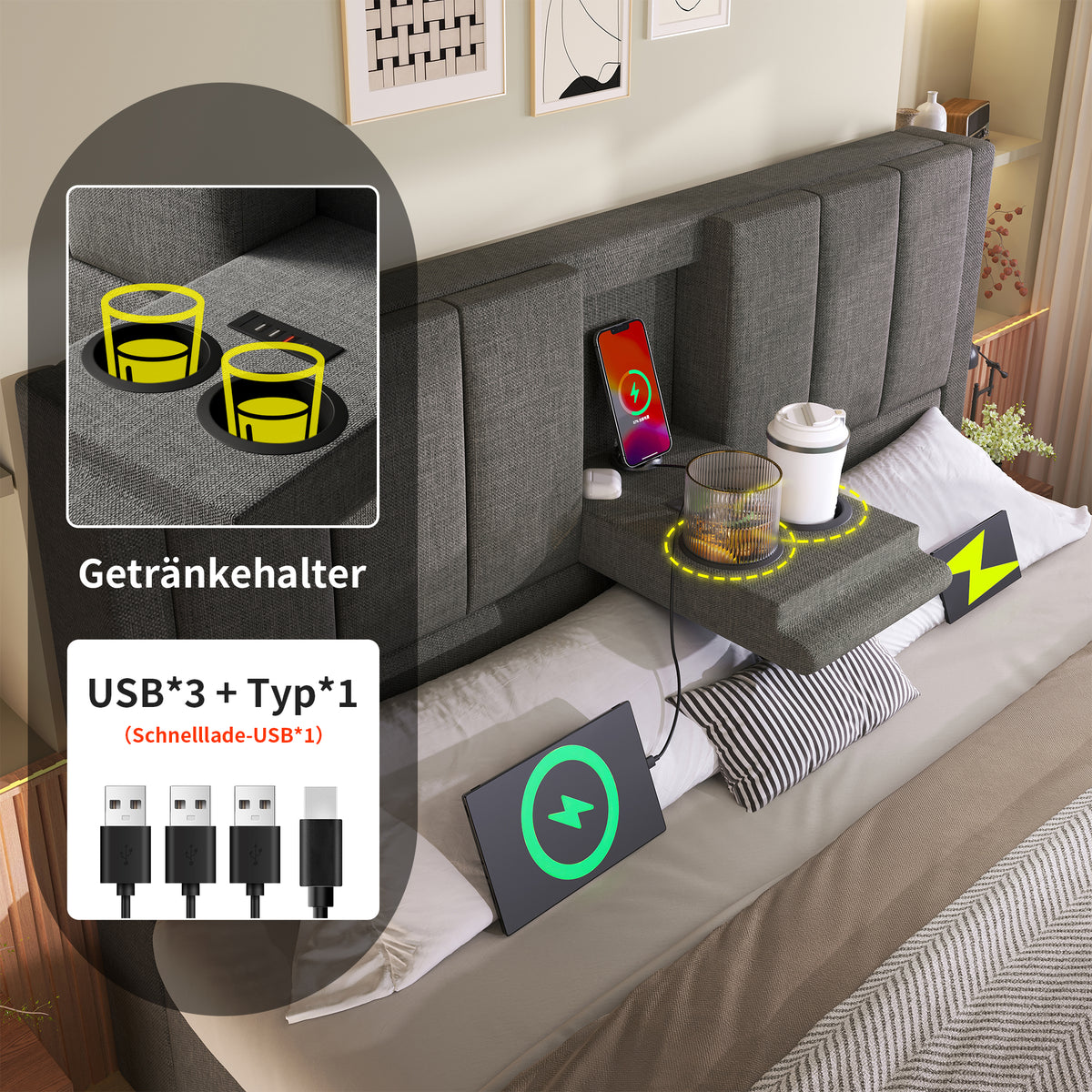 Upholstered Bed 140x200 with Storage & Charging Station, Grey Linen