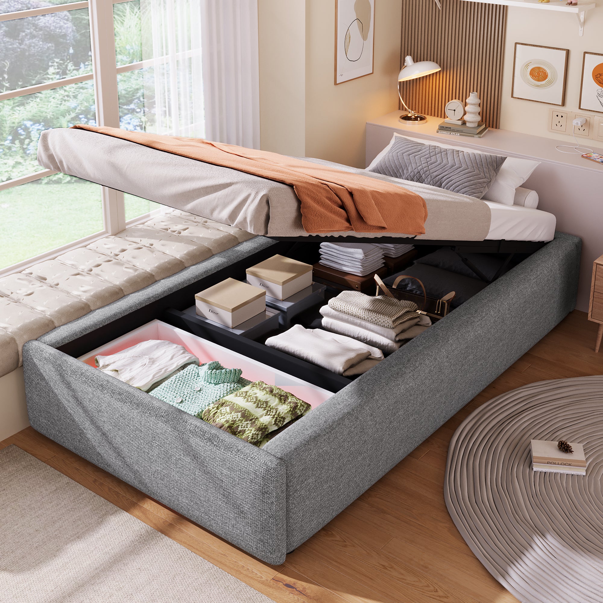 Upholstered Platform Bed 90x200cm Hydraulic Storage & Drawer, Grey
