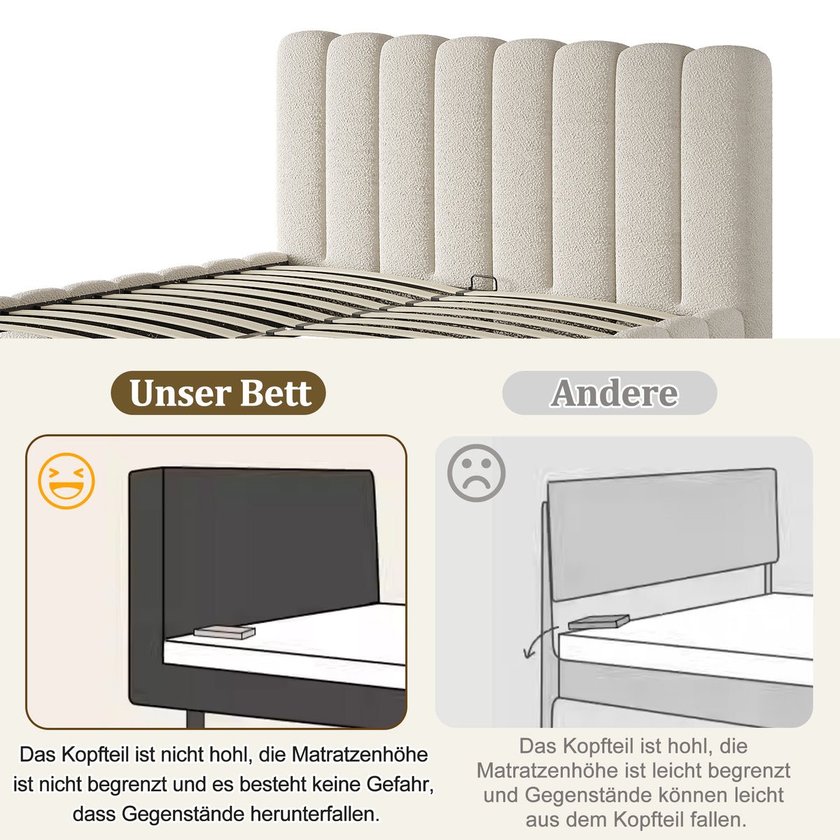Upholstered Double Bed 180x200cm with Storage, White Bouclé