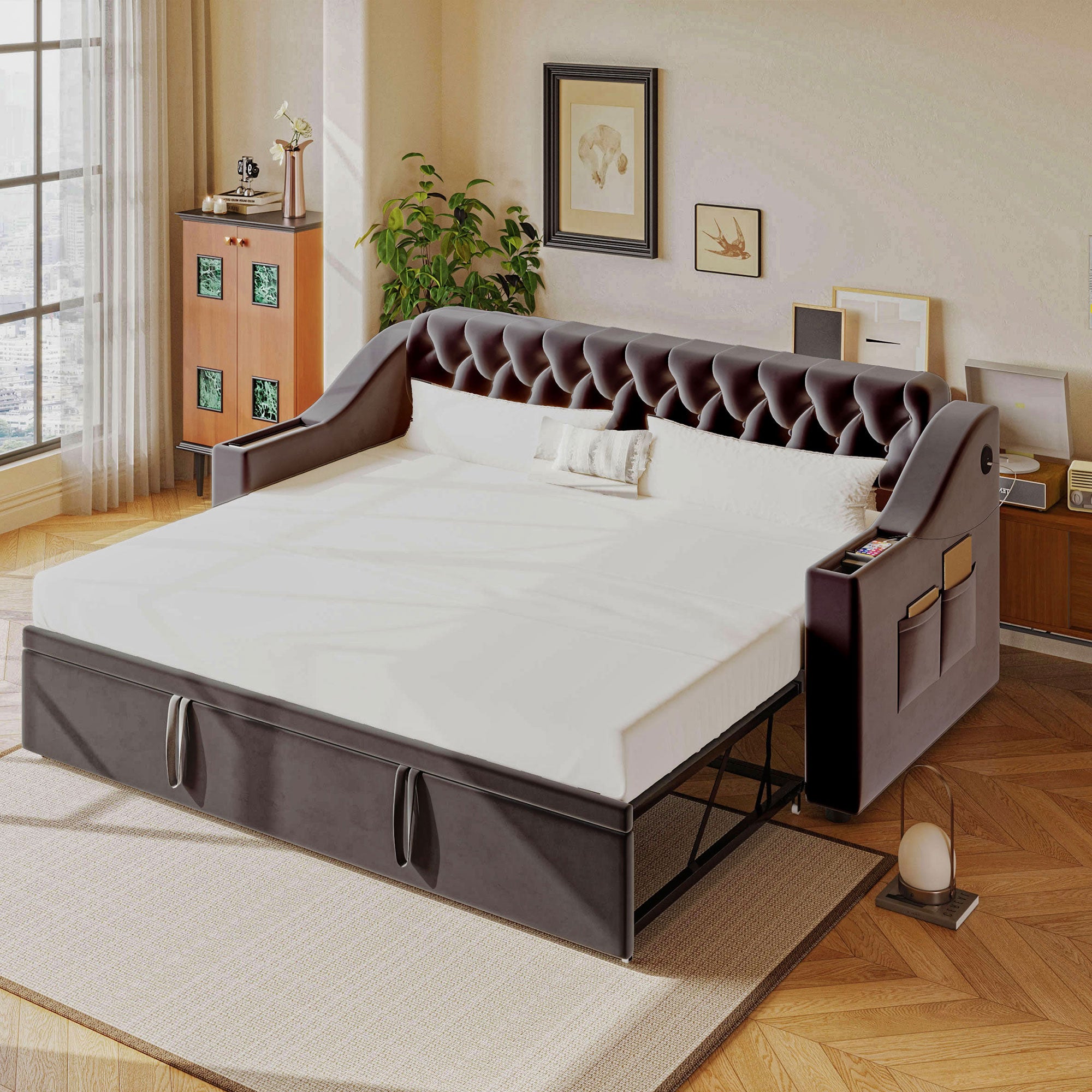 Upholstered Sofa Bed with USB & Storage, Dark Grey Velvet