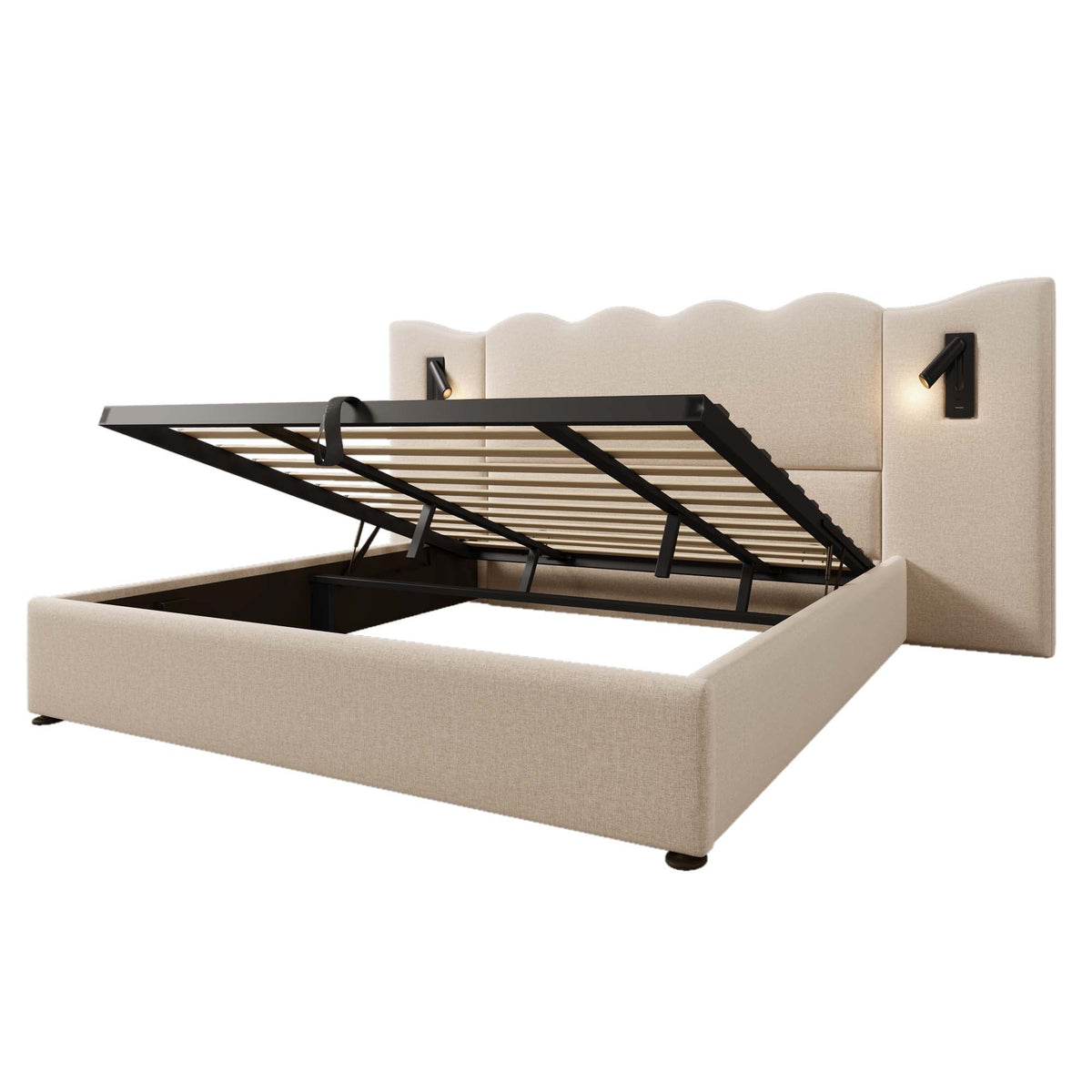Upholstered Double Bed 180x200 with Lamp & USB Storage - Beige Linen