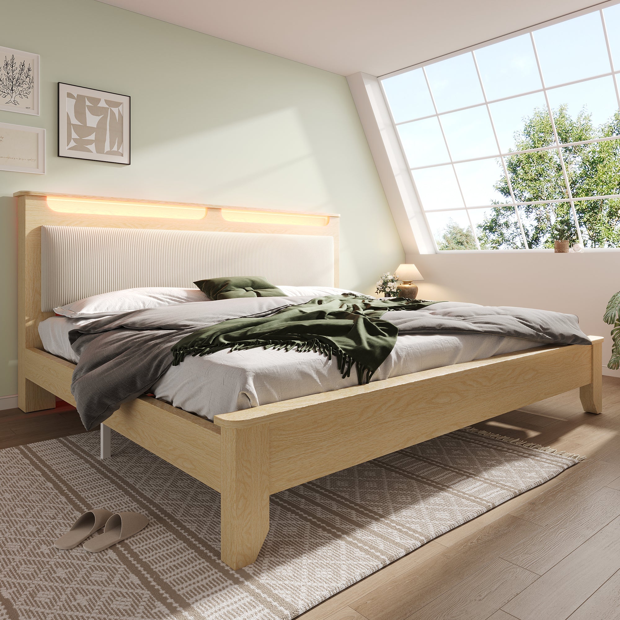 Wooden Double Bed 160x200cm with Storage & LED, Light Oak