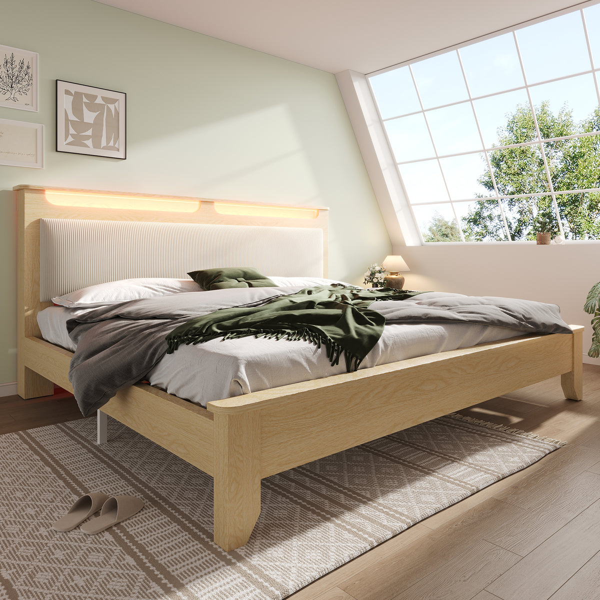 Wooden Double Bed 140x200cm with Storage & LED, Light Oak