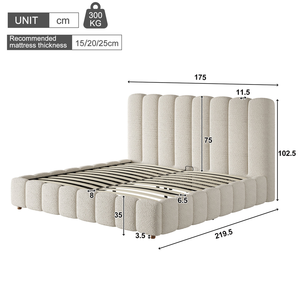Upholstered Double Bed 180x200cm with Storage, White Bouclé