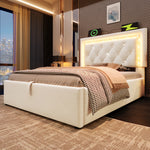 Upholstered Bed 90x200cm with LED & Storage, Beige Velvet