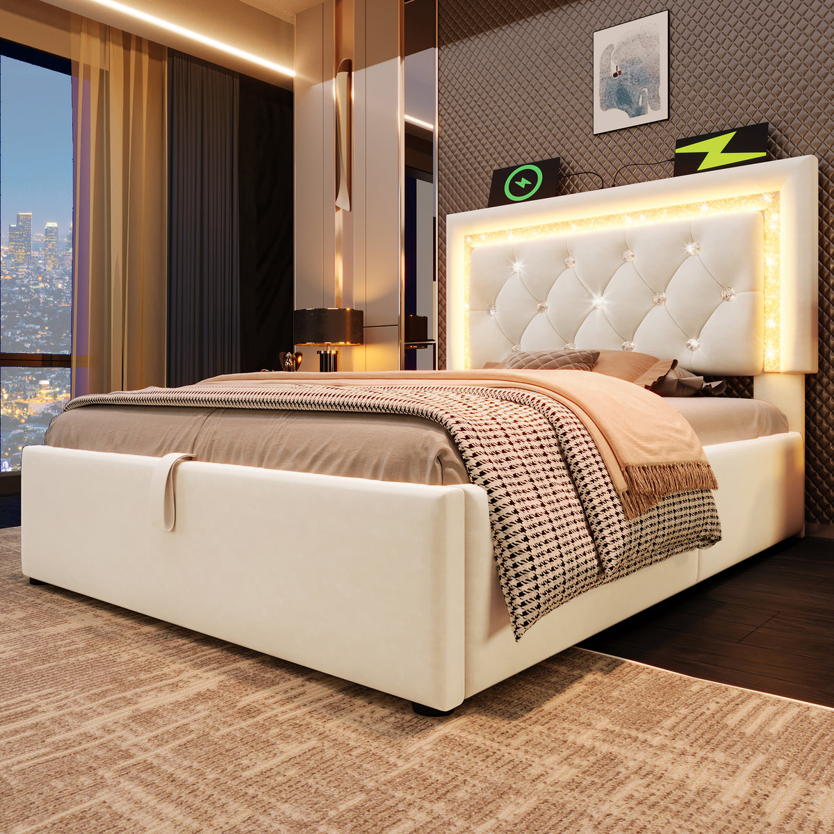 Upholstered Bed 90x200cm with LED & Storage, Beige Velvet