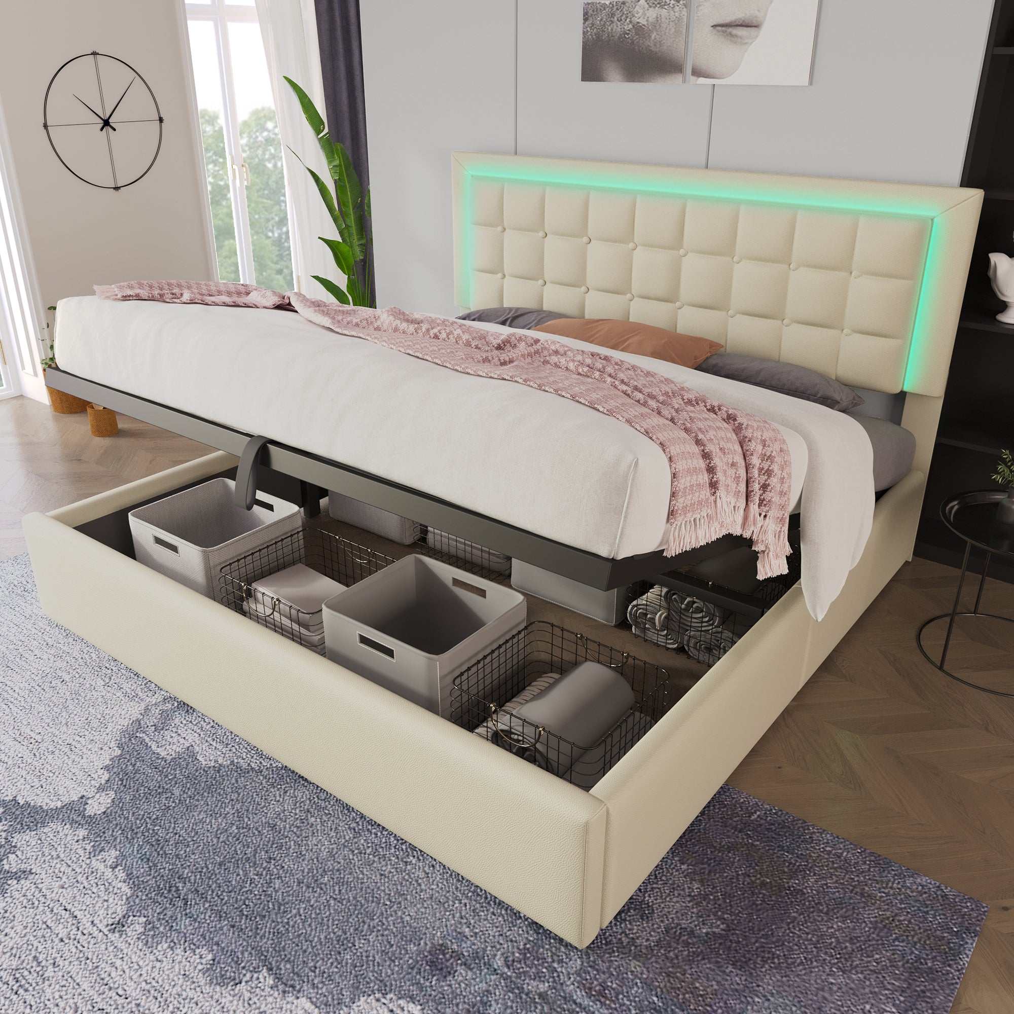 Upholstered Storage Bed 180x200cm with LED, White Faux Leather