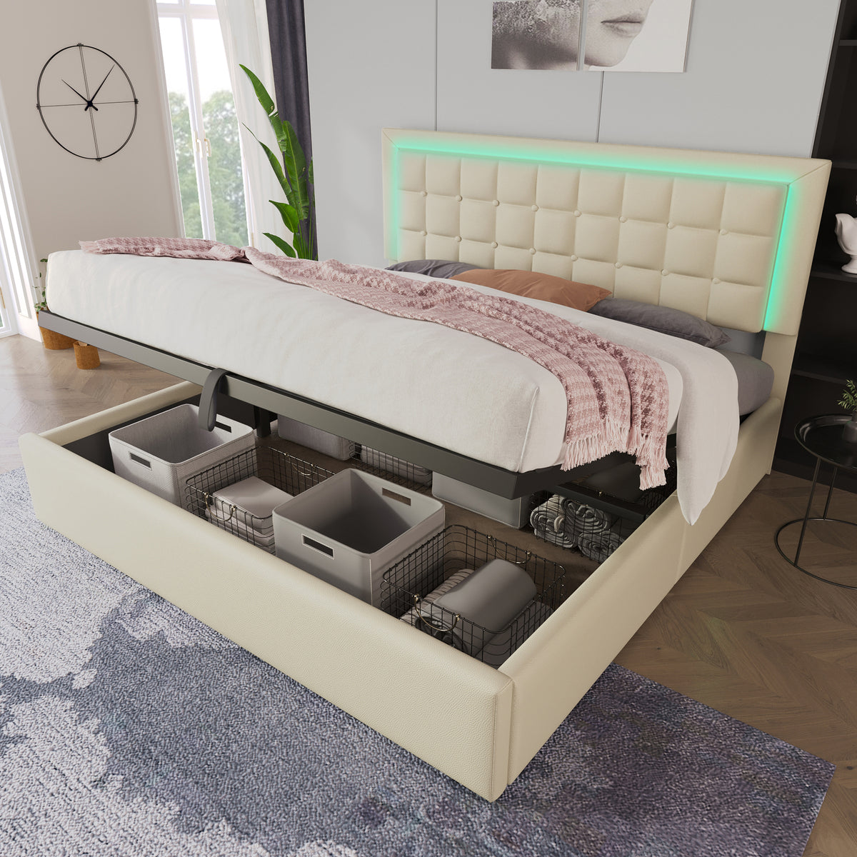 Upholstered Storage Bed 180x200cm with LED, White Faux Leather