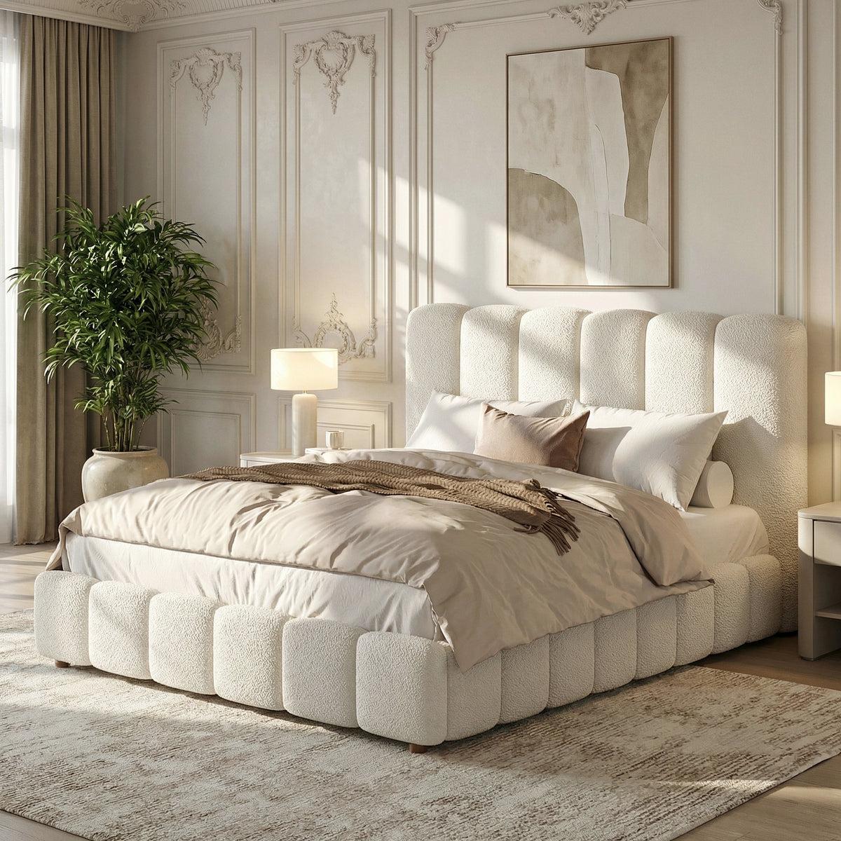 Upholstered Double Bed 140x190cm, Hydraulic Storage, White Bouclé