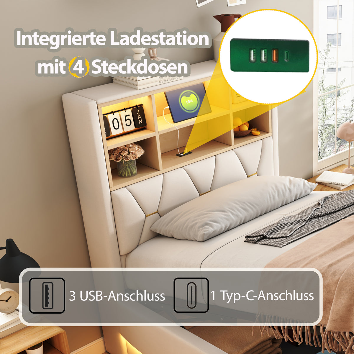 Upholstered Bed 140x200 with Storage & LED, Beige Linen