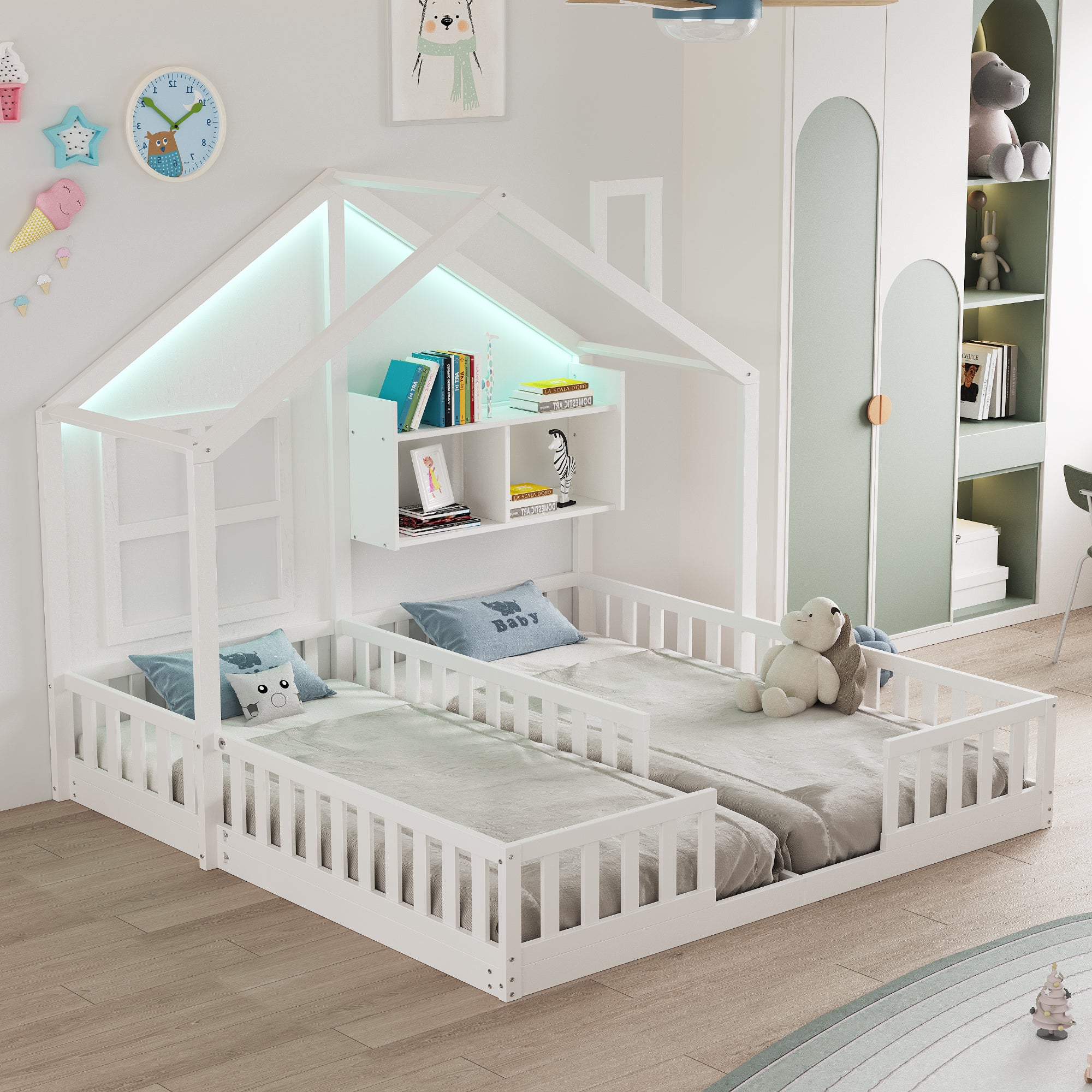Children's House Bed 90x200 cm with LED & Storage, White
