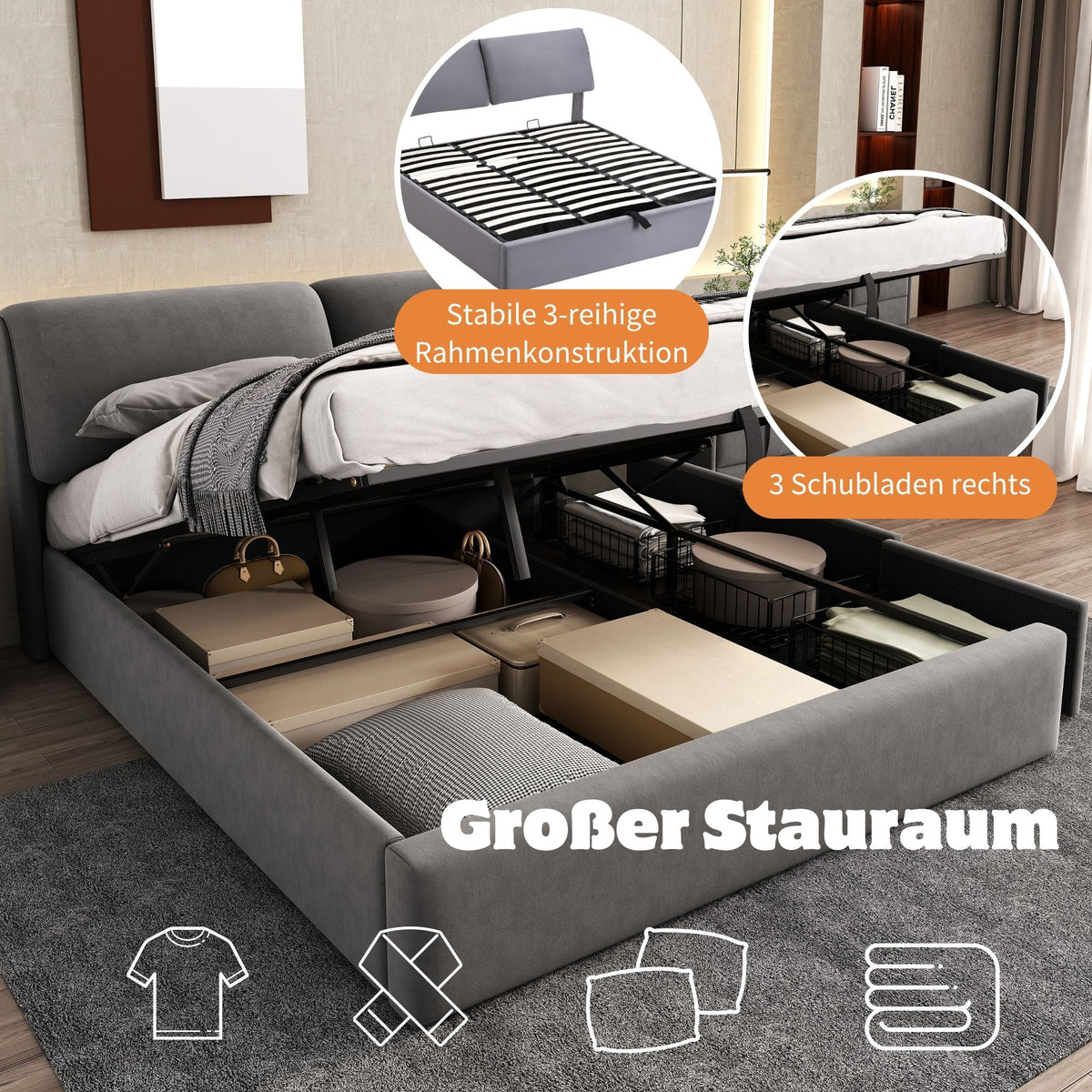 Upholstered Bed 180x200 with Hydraulic Storage, Grey Velvet