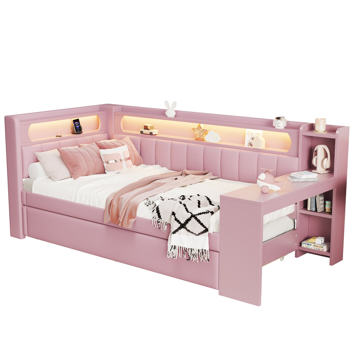 Upholstered Daybed 90x200cm with Trundle, Desk & LED, Pink